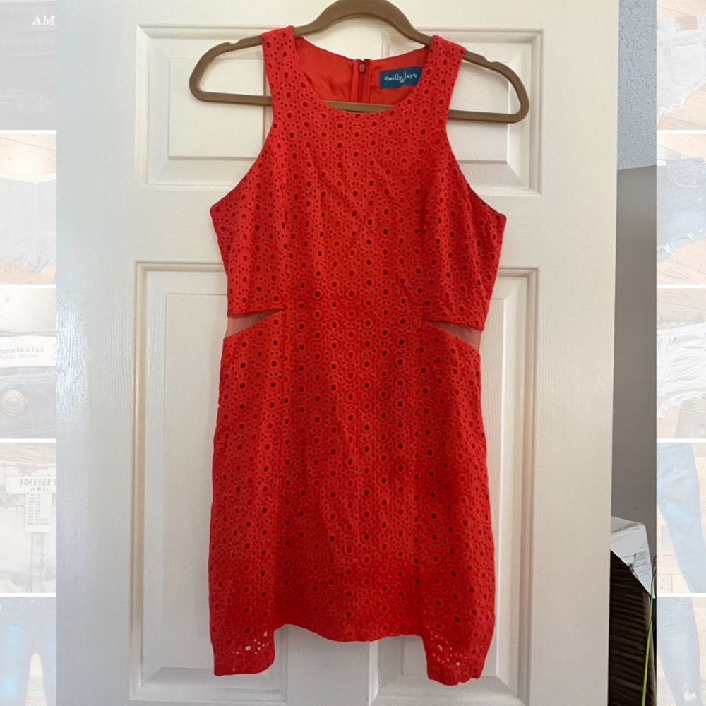 Willy Jay’s red eyelet sheer cutout mini dress interesting hemline Medium (M)